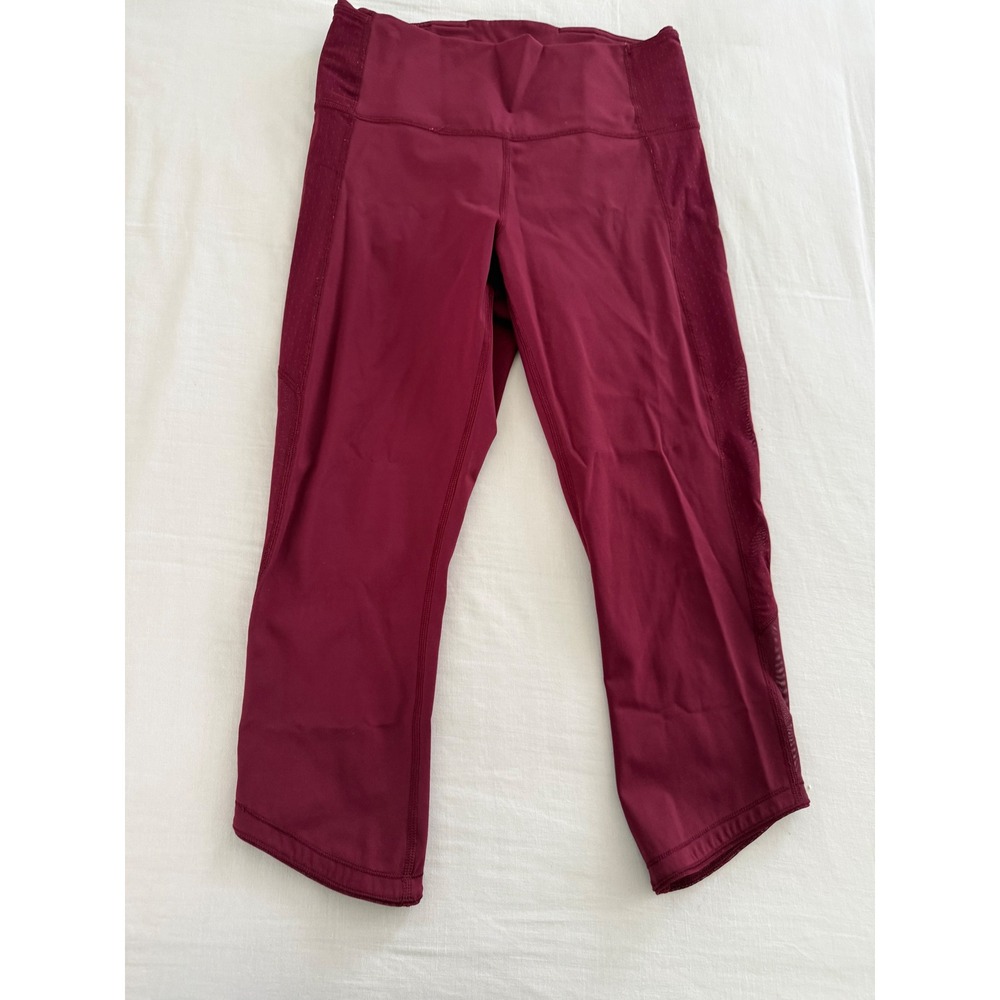 Lululemon Body Con Crop Leggings Size 10 Burgundy Polka Dot Mesh
